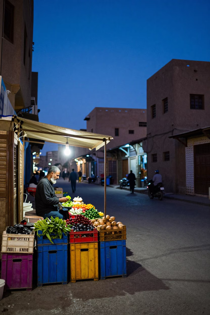 Cairo Egypt indigo twilight street scene with vendor and colorful crates in in Cairo, Egypt