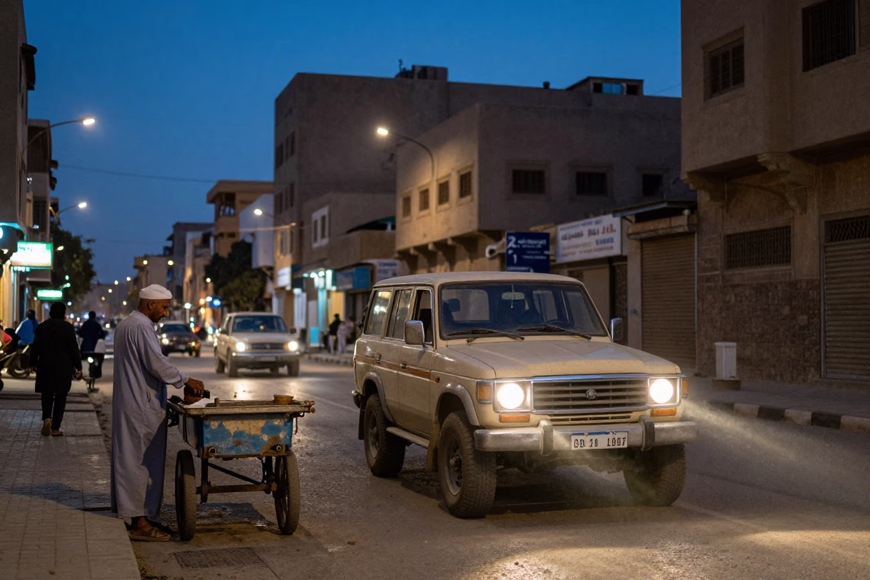 Cairo Egypt Indigo Twilight Street Scene with Vintage SUV and Local Vendor in in Cairo, Egypt