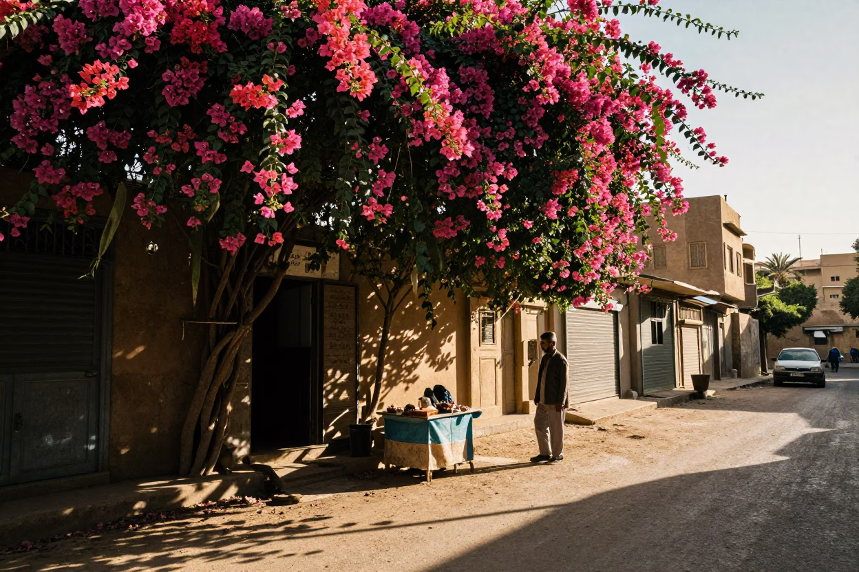 Cairo Egypt Late Afternoon Street Scene with Bougainvillea and Local Market Activity in in Cairo, Egypt