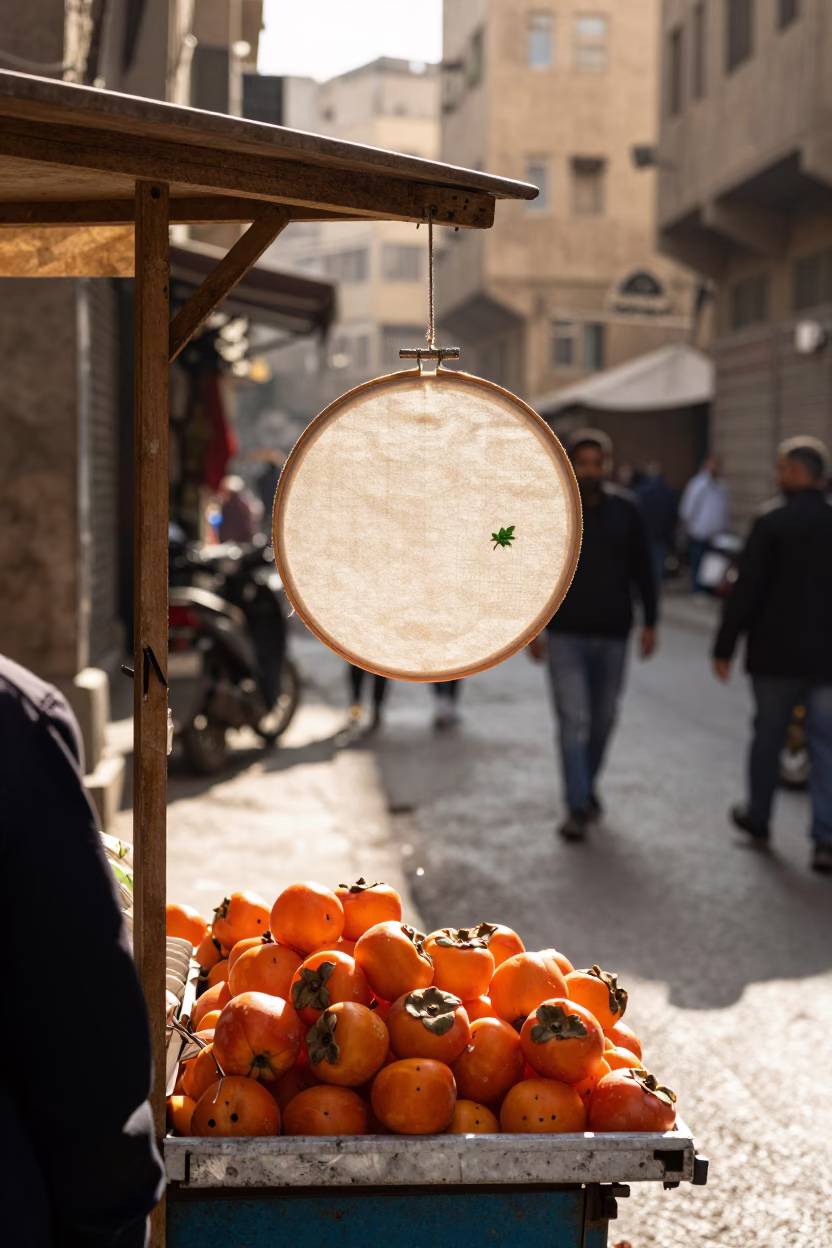 Cairo Egypt late afternoon street scene with embroidery hoop and persimmons in in Cairo, Egypt