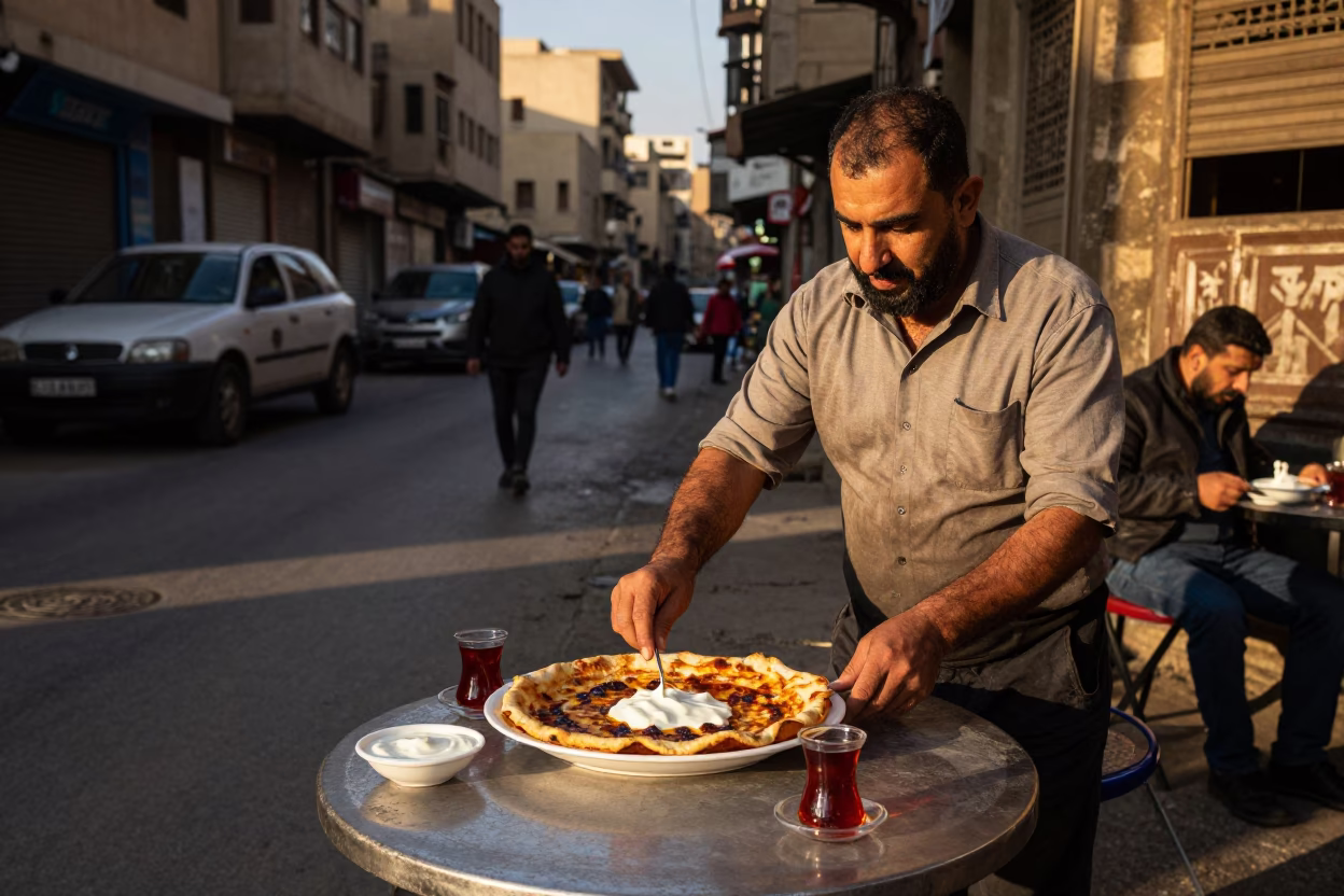 Cairo Egypt Late Afternoon Street Scene with Plate of Iskender Kebab and Tomato Sauce in in Cairo, Egypt