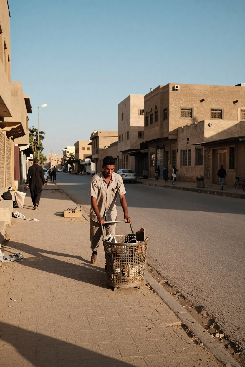 Cairo Egypt Late Afternoon Street Scene With Scrap Basket And Bottle in in Cairo, Egypt