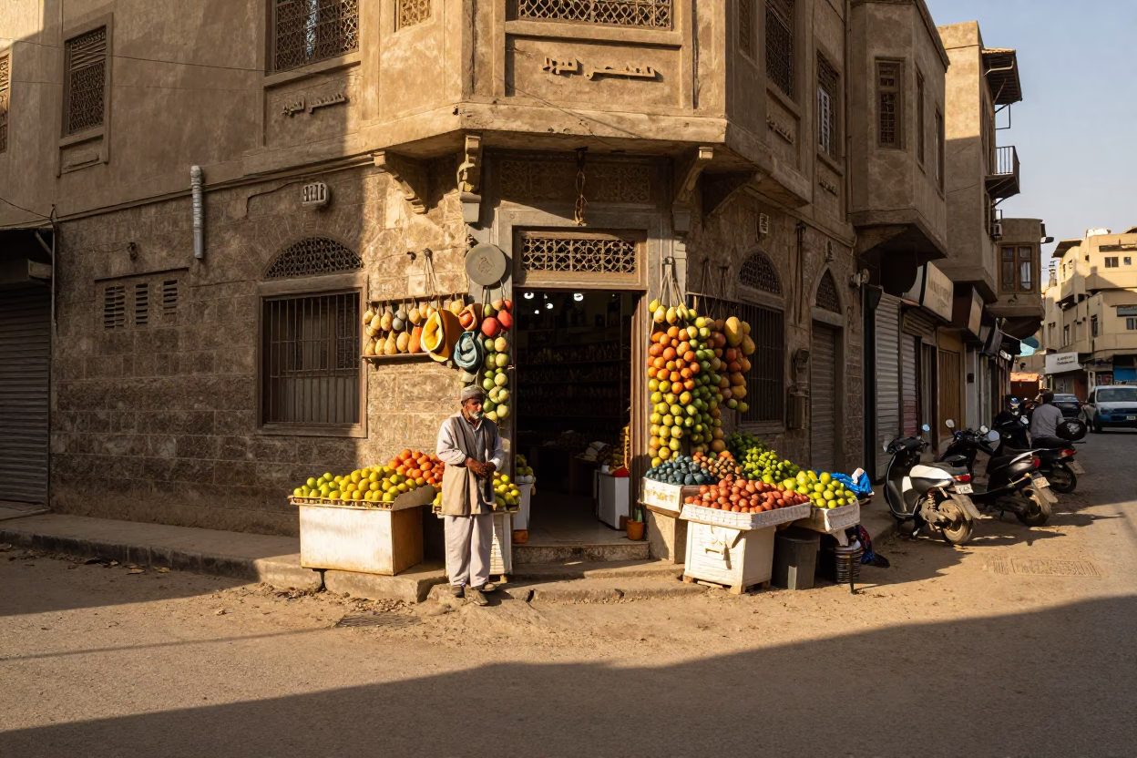 Cairo Egypt late afternoon street scene with shopkeeper and fresh grapes in in Cairo, Egypt