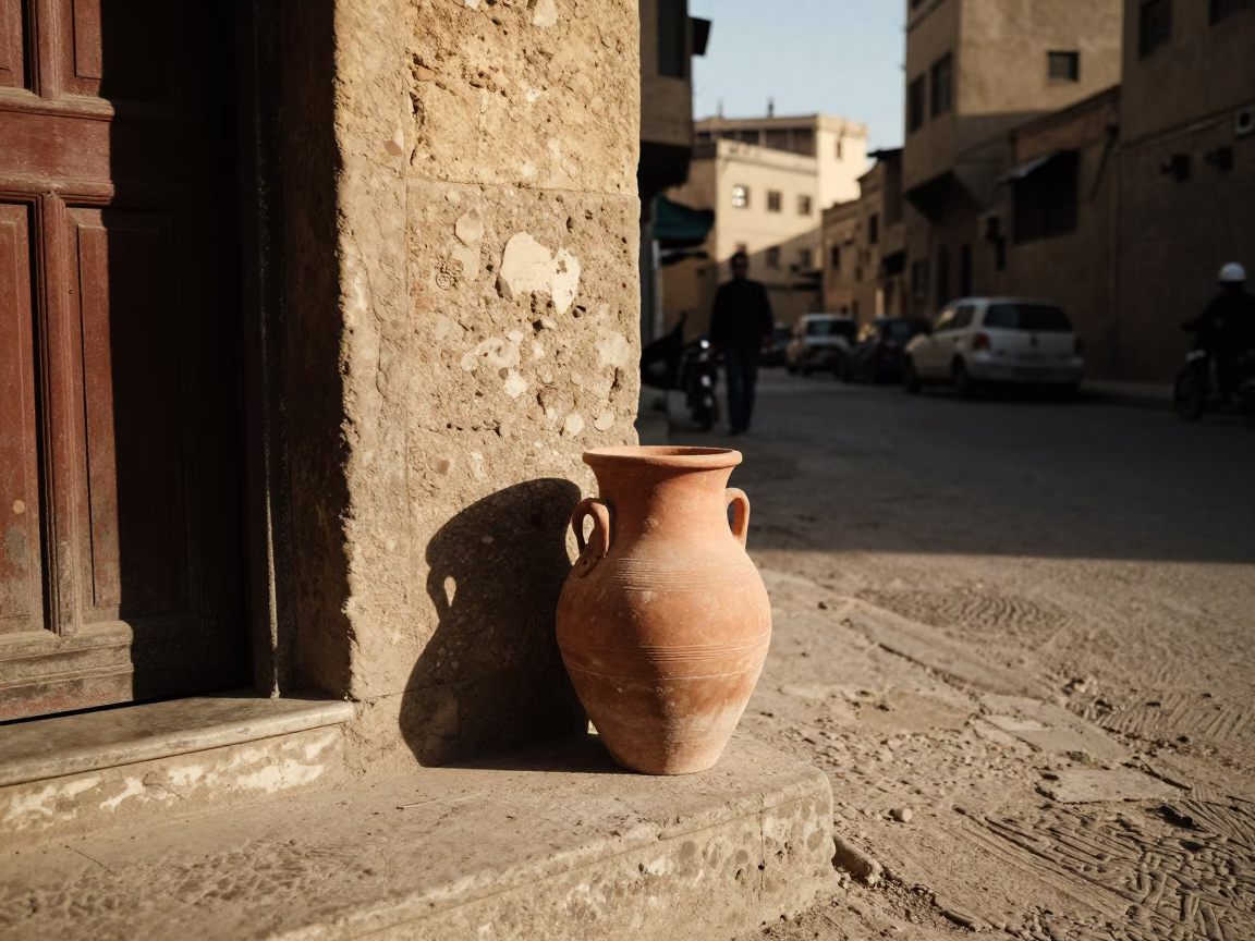 Cairo Egypt Late Afternoon Street Scene with Terracotta Pot and Leaf Shadows in in Cairo, Egypt