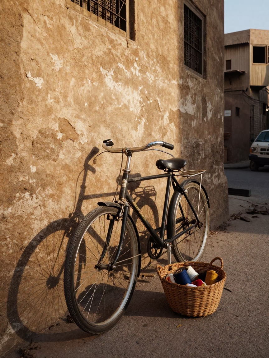 Cairo Egypt Late Afternoon Street Scene with Vintage Bicycle and Mending Basket in in Cairo, Egypt