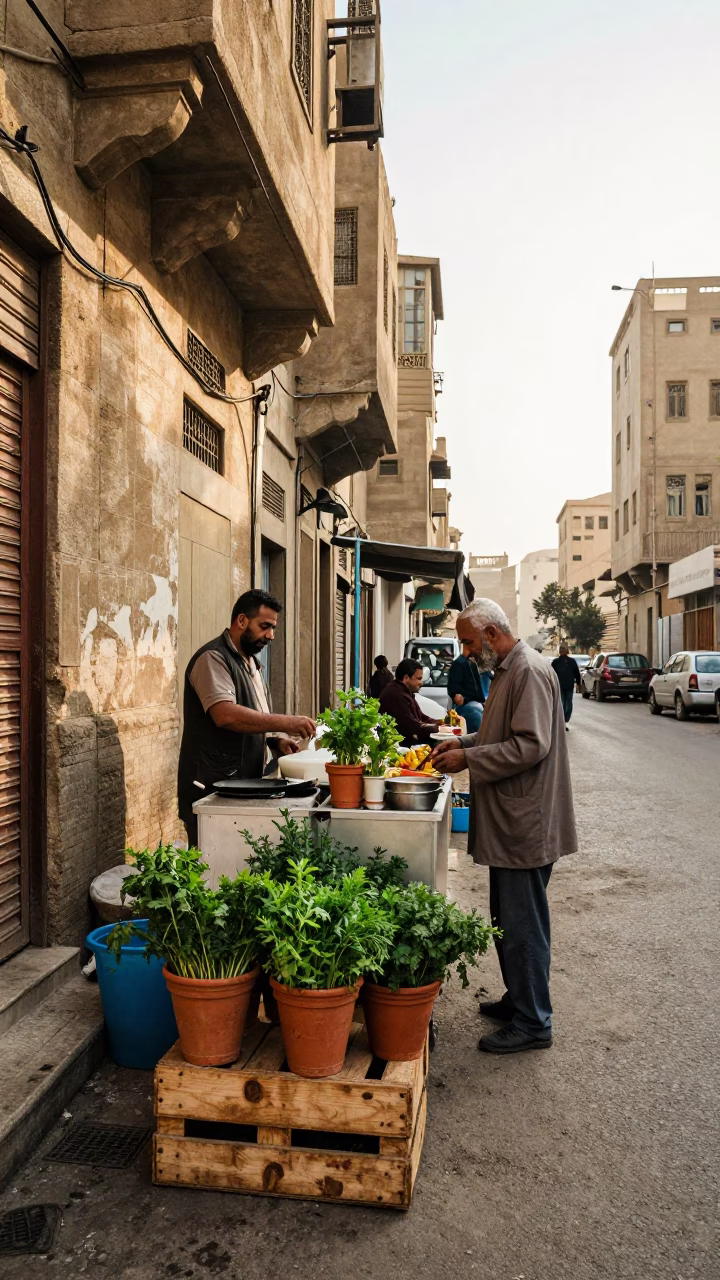 Cairo Egypt Late Morning Street Scene with Potted Herbs and Soup Bowls in in Cairo, Egypt
