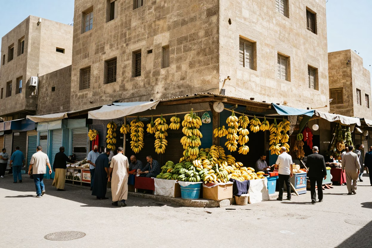 Cairo Egypt Midday Street Scene with Bananas and Traditional Market Activity in in Cairo, Egypt