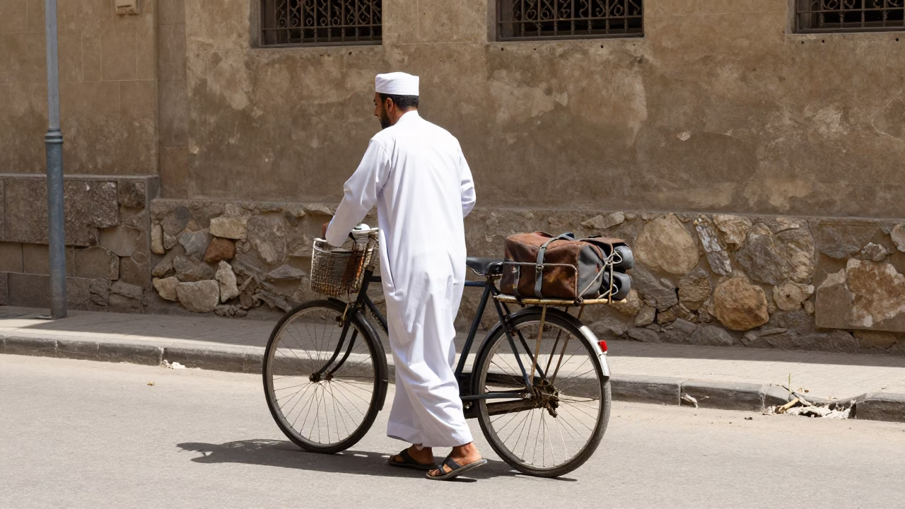 Cairo Egypt Midday Street Scene with Bicycle and Luggage Rack in Historic District in in Cairo, Egypt