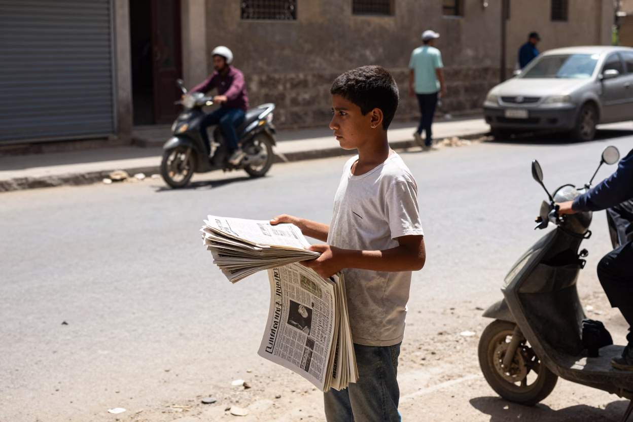 Cairo Egypt Midday Street Scene with Boy Selling Newspapers on Busy Corner in in Cairo, Egypt