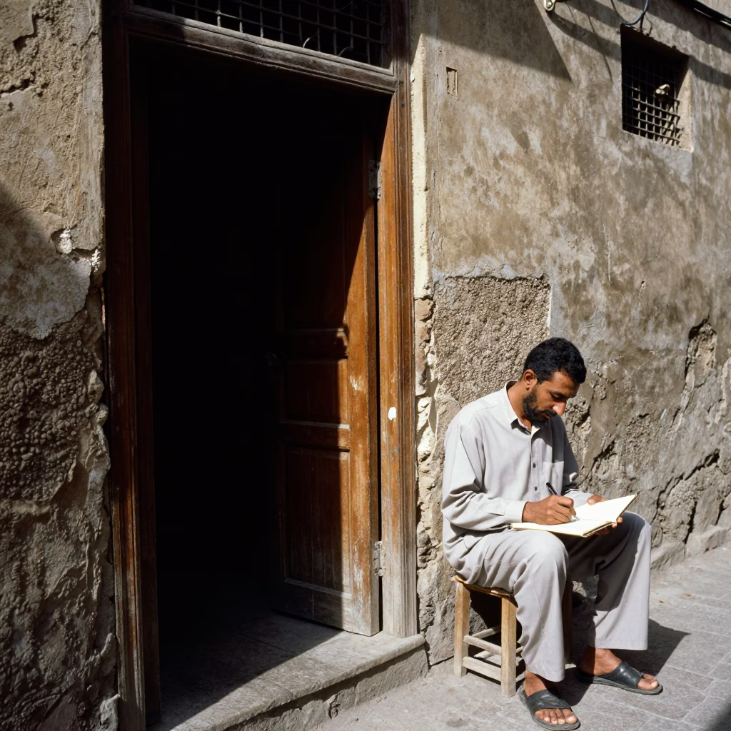 Cairo Egypt midday street scene with doorframe and notebook near historic architecture in in Cairo, Egypt