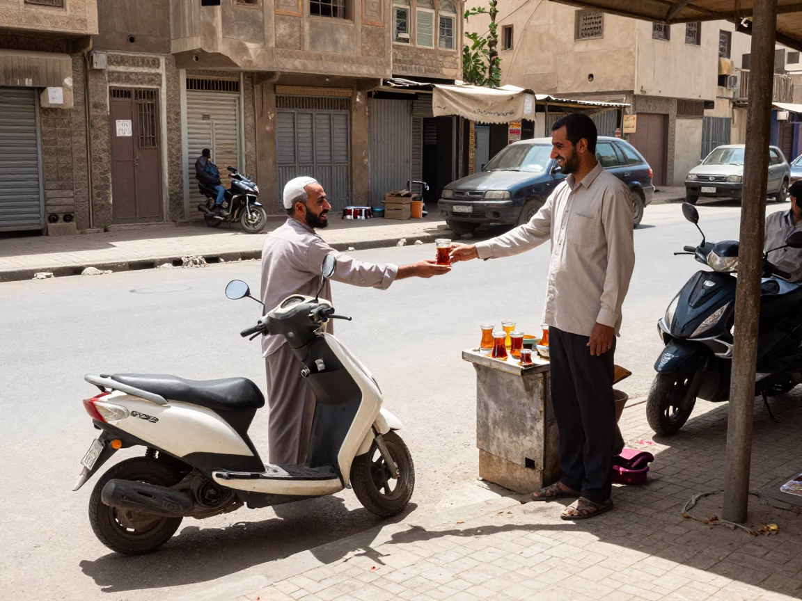 Cairo Egypt Midday Street Scene with Scooter and Local Vendor Interaction in in Cairo, Egypt