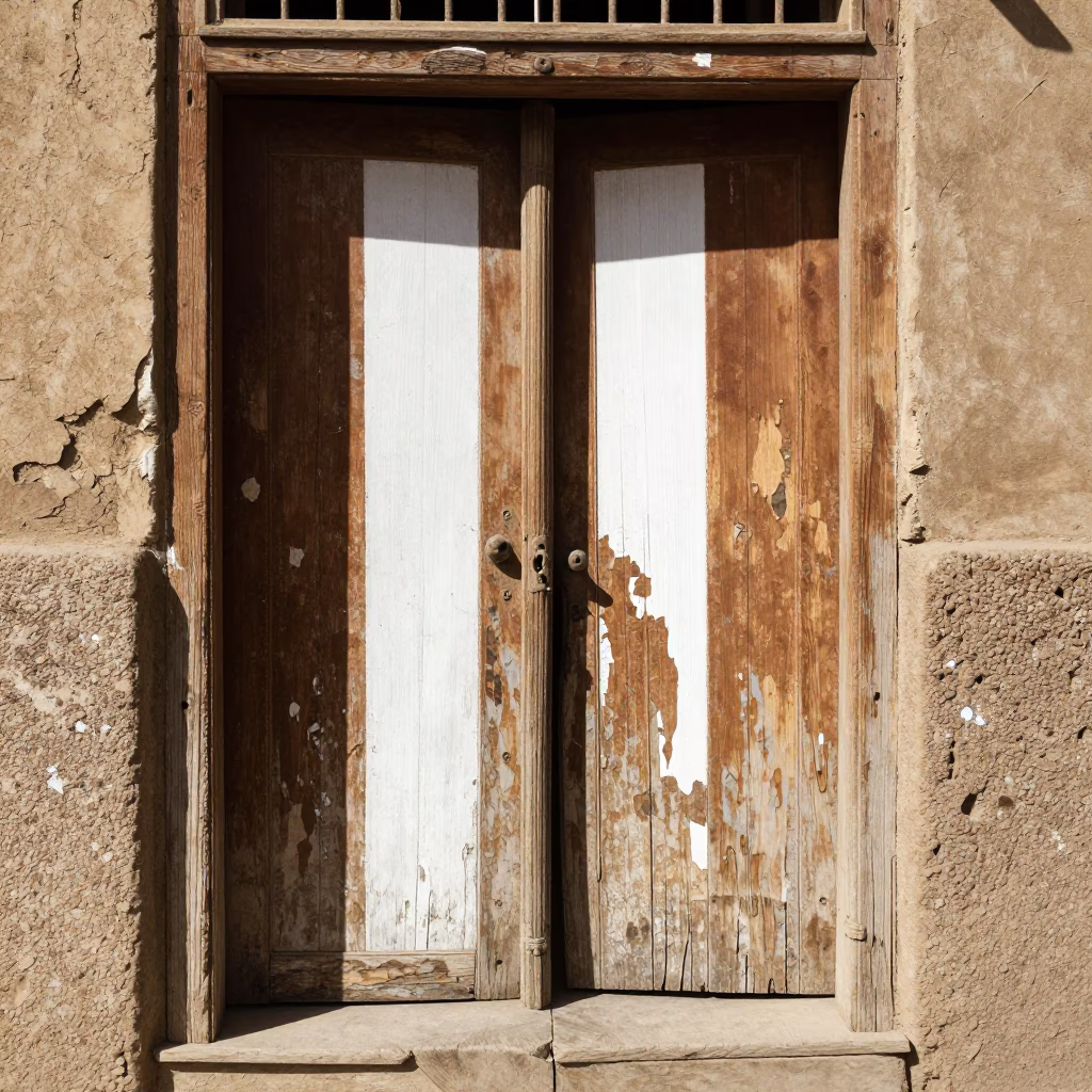 Cairo Egypt Midday Sunlight Stripe Across Weathered Wooden Doorframe in Historic Neighborhood in in Cairo, Egypt