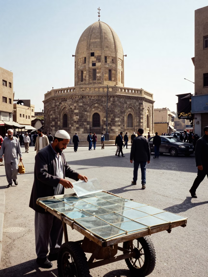 Cairo Egypt Midmorning Street Scene with Stone Observatory and Sunlight in in Cairo, Egypt