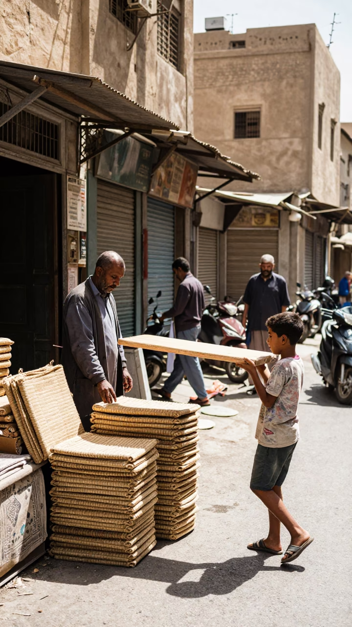 Cairo Egypt Midmorning Street Scene with Traditional Woven Mats and Local Commerce in in Cairo, Egypt