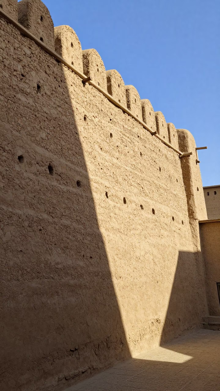 Cairo Egypt Midmorning Sunlight Striking Traditional Mud Brick Wall with Brooms Leaning Nearby in in Cairo, Egypt