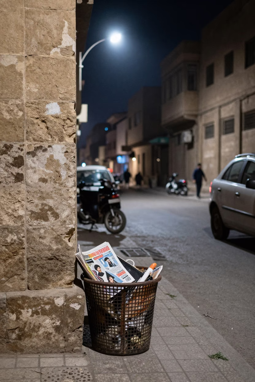 Cairo Egypt Midnight Street Scene with Scrap Basket and Magazine Rack in in Cairo, Egypt