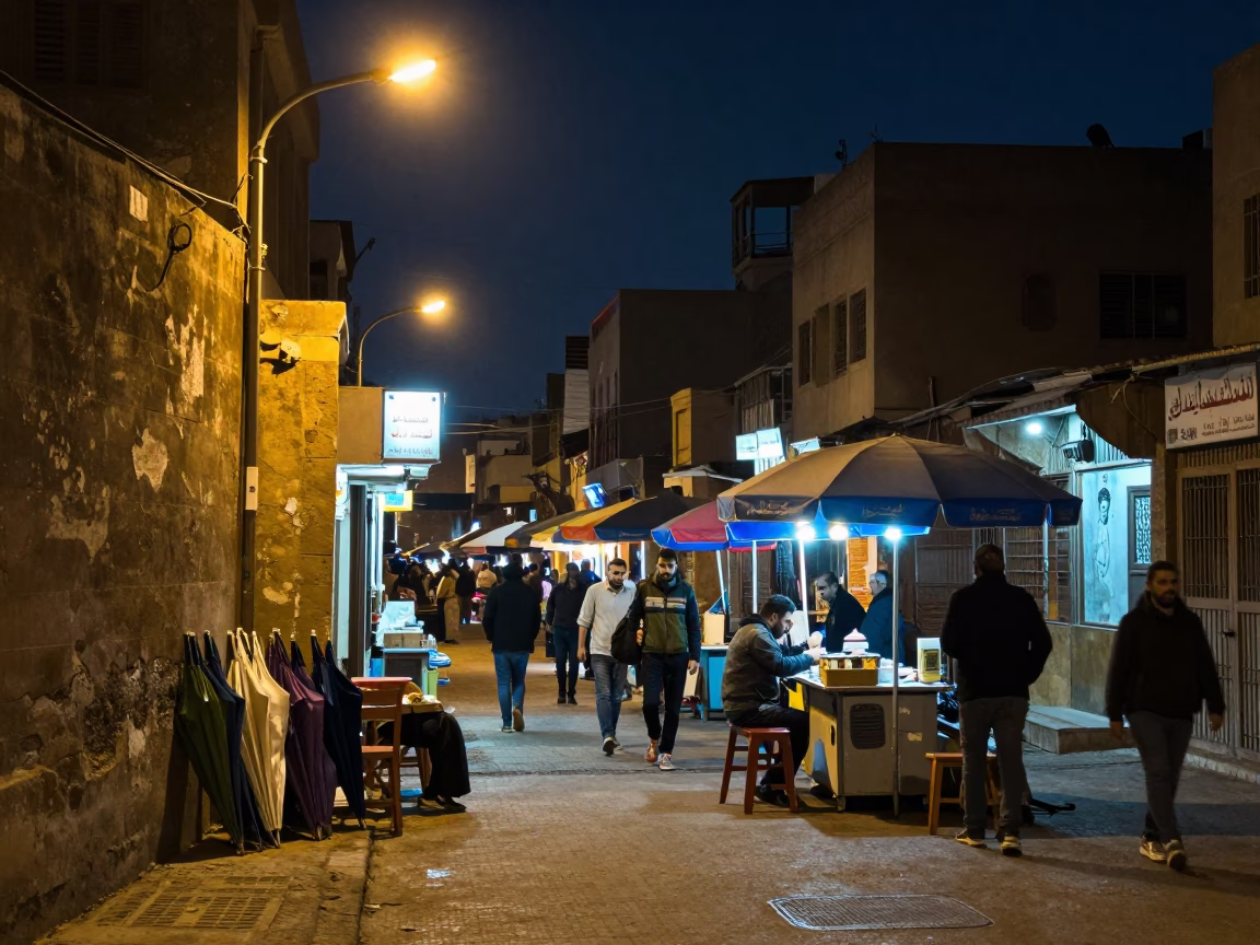 Cairo Egypt Midnight Street Scene With Umbrellas And Local Activity in in Cairo, Egypt