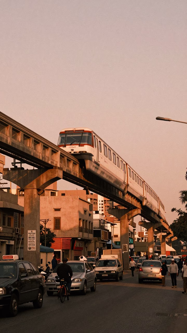 Cairo Egypt Monorail Overhead Street Scene Copper Toned Light Before Dusk in in Cairo, Egypt