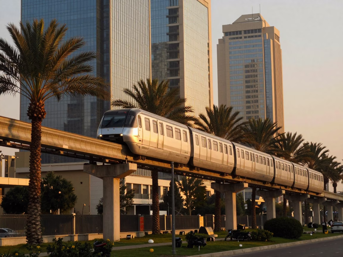 Cairo Egypt Monorail Passing Palm Trees and Glass Towers in Honeyed Evening Light in in Cairo, Egypt
