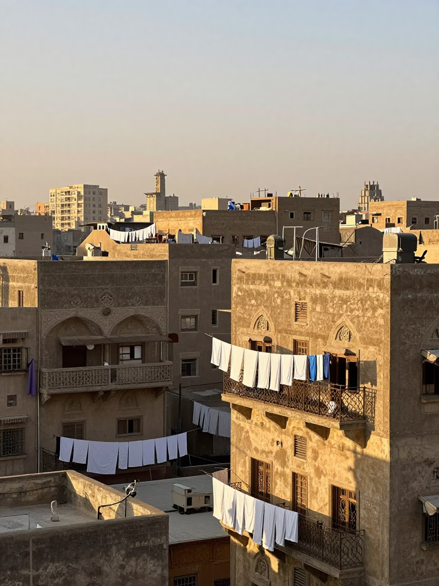 Cairo Egypt Morning Light on Old Building Laundry Lines and Urban Architecture in in Cairo, Egypt
