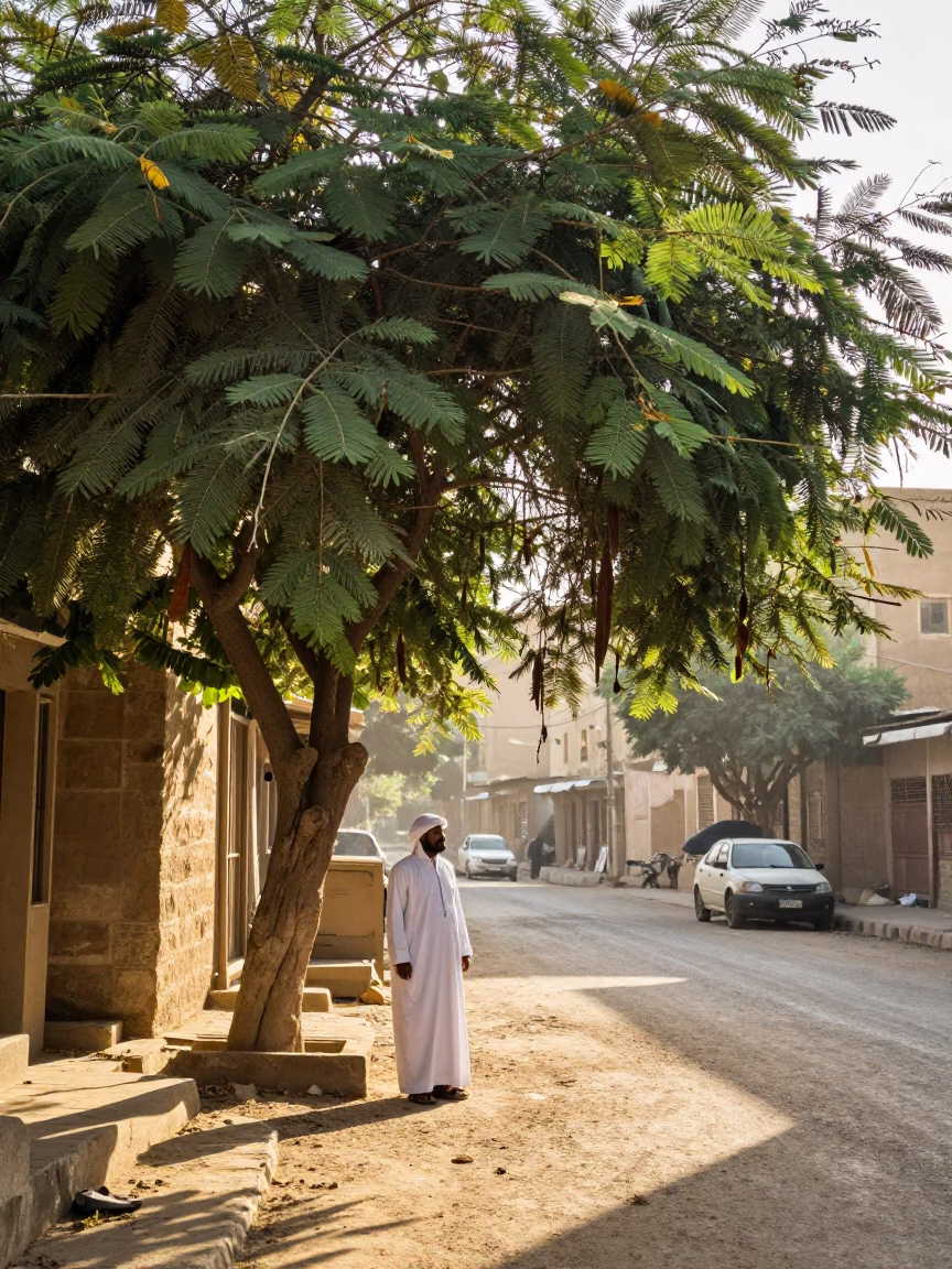 Cairo Egypt Morning Light Street Scene with Tamarind Tree and Local Life in in Cairo, Egypt