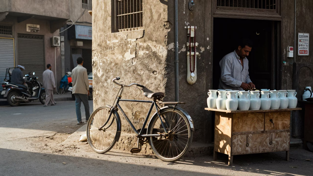 Cairo Egypt Morning Street Scene with Bicycle and Prayer Beads in First Light in in Cairo, Egypt