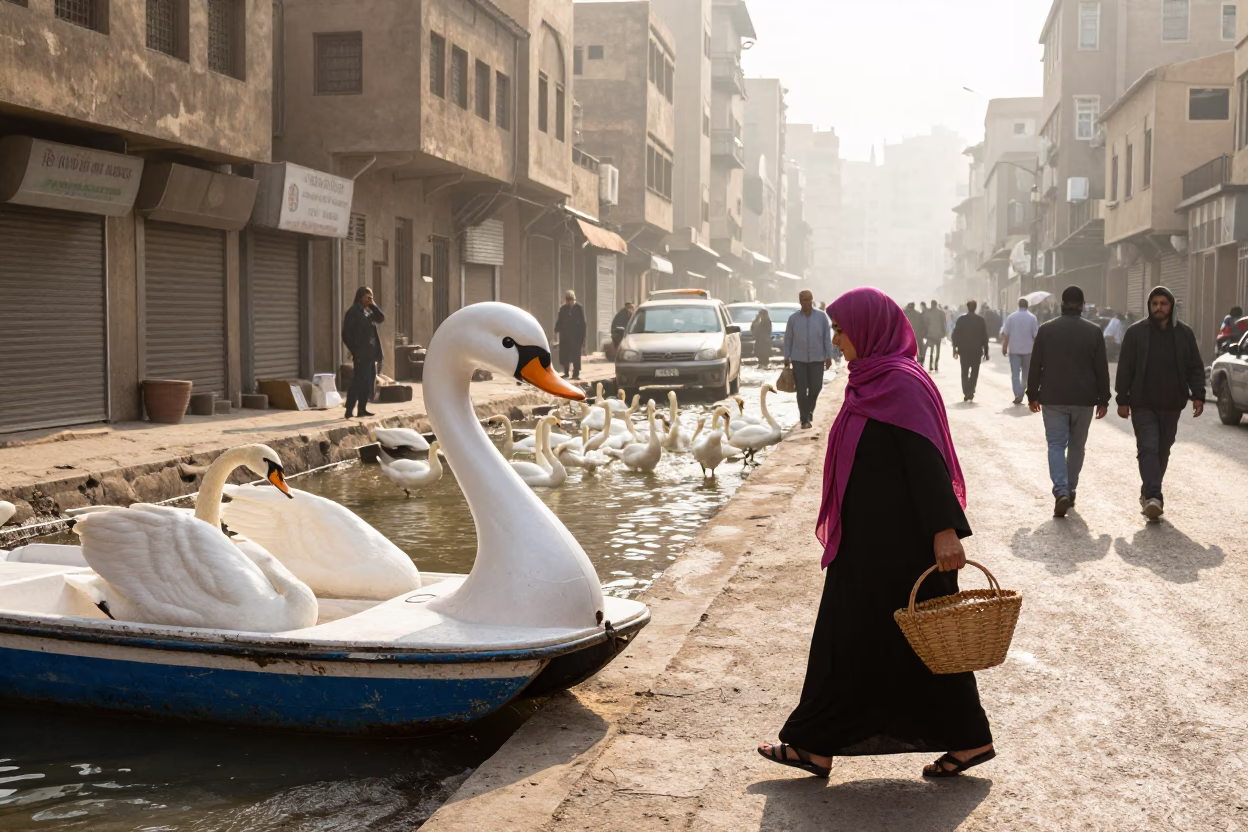 Cairo Egypt Morning Street Scene with Swans and Local Life in in Cairo, Egypt