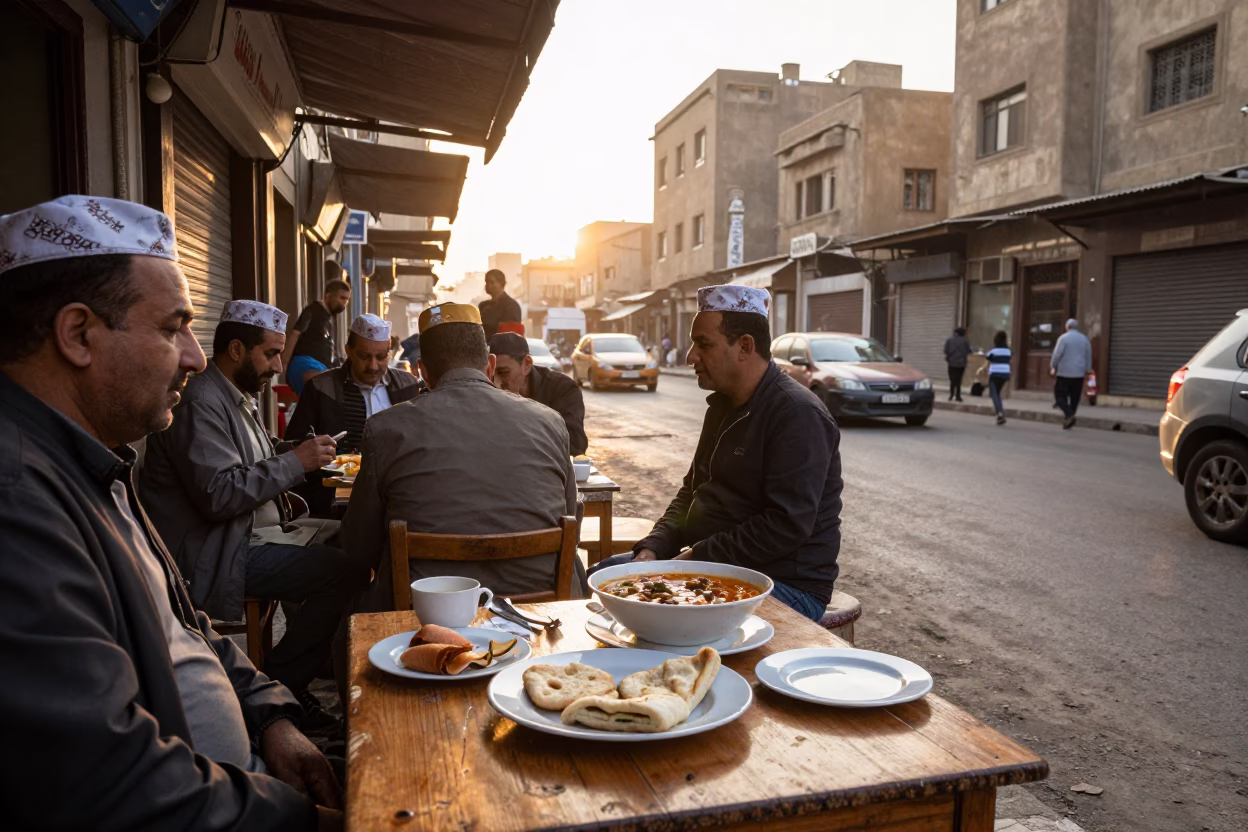 Cairo Egypt Morning Street Scene with Traditional Breakfast and Daily Life in in Cairo, Egypt