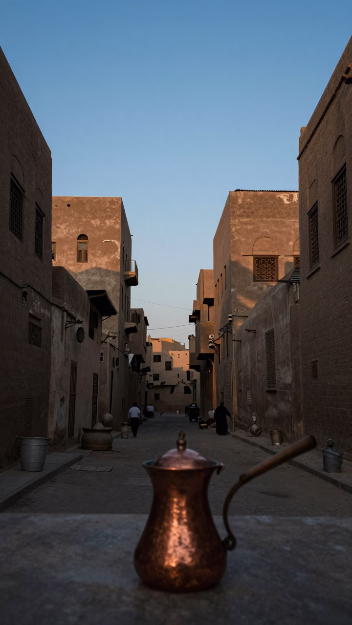 Cairo Egypt Nautical Dawn Street Scene with Copper Coffee Pot and Brass Plate in in Cairo, Egypt