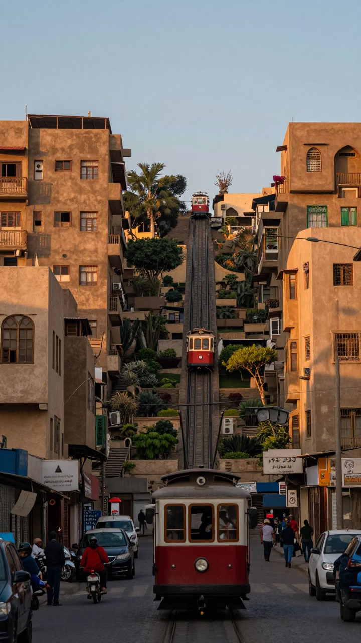 Cairo Egypt Nautical Dawn Street Scene with Funicular and Cargo Ship Horizon in in Cairo, Egypt