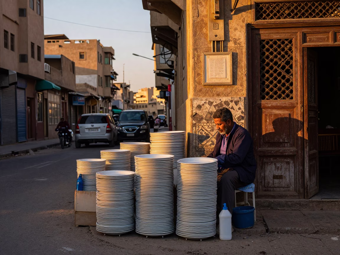 Cairo Egypt Nautical Dawn Street Scene with Stacked Plates and Soap Bottle in in Cairo, Egypt