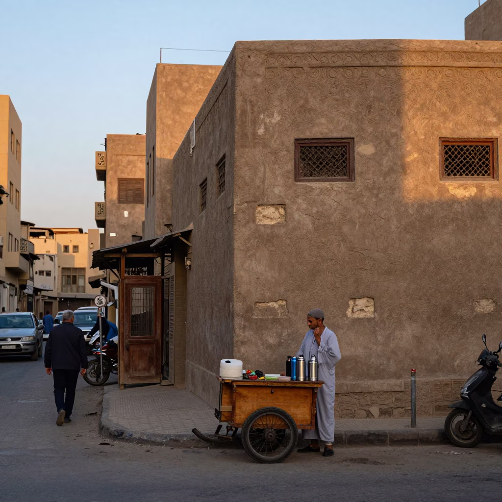 Cairo Egypt Nautical Dawn Street Scene with Thermos and Local Market Activity in in Cairo, Egypt