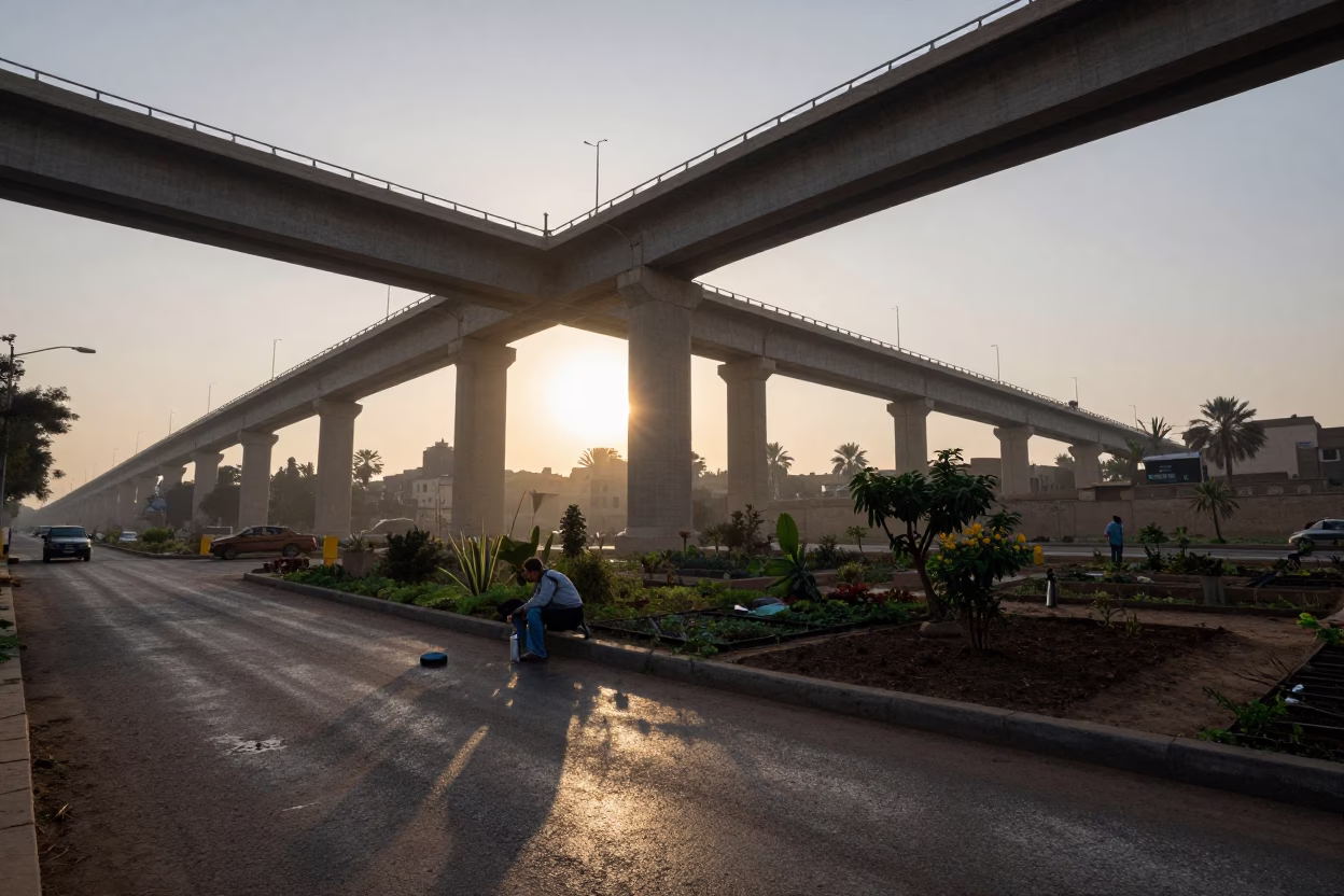 Cairo Egypt Nautical Dawn Street Scene with Thermos and Viaduct Shadow in in Cairo, Egypt