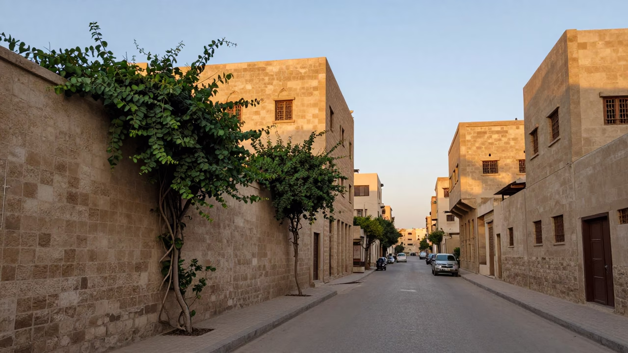 Cairo Egypt Nautical Dawn Street Scene with Vine and Stone Architecture in in Cairo, Egypt
