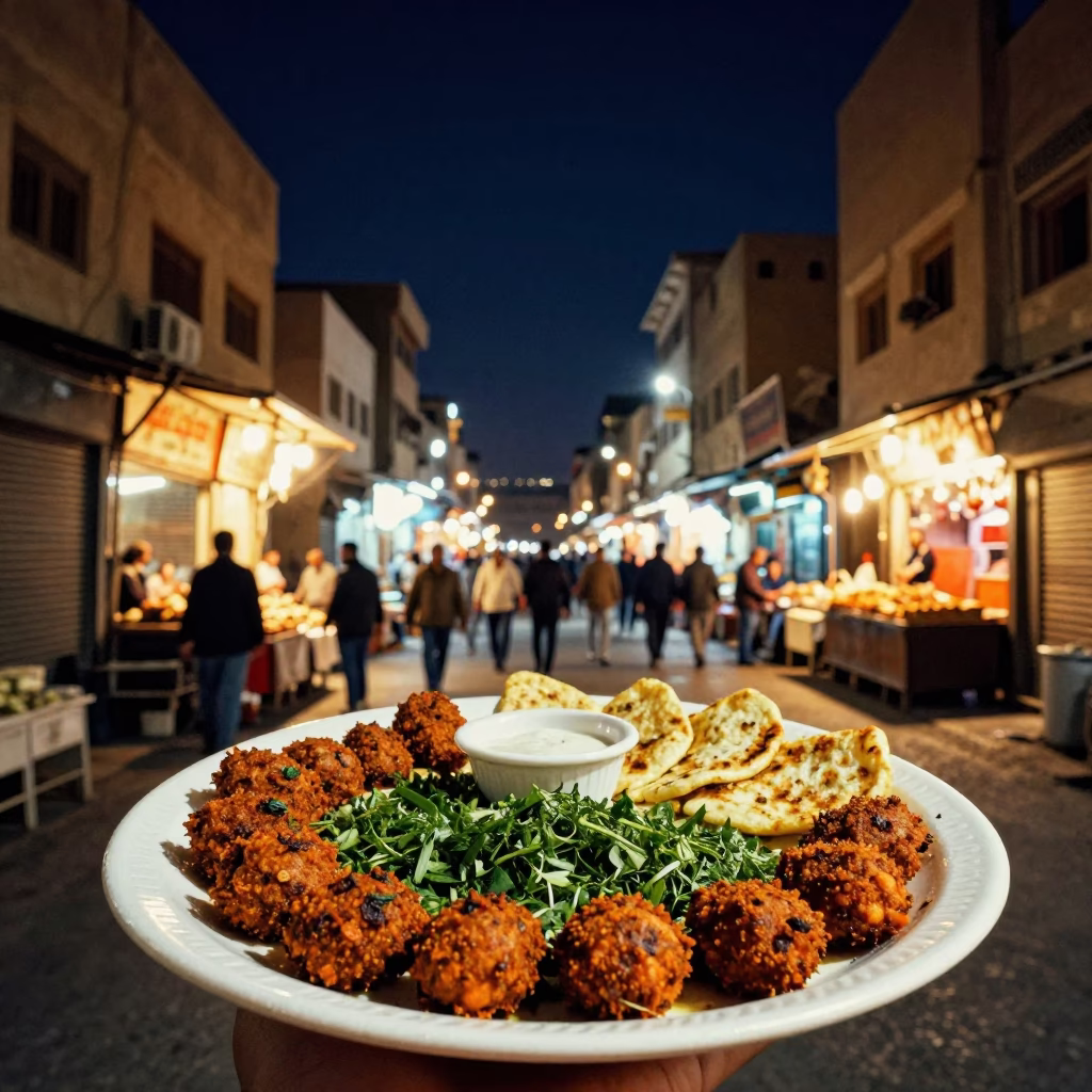 Cairo Egypt Night Market Street Food Lahmacun Plate with Herbs Under Deep Night Sky in in Cairo, Egypt
