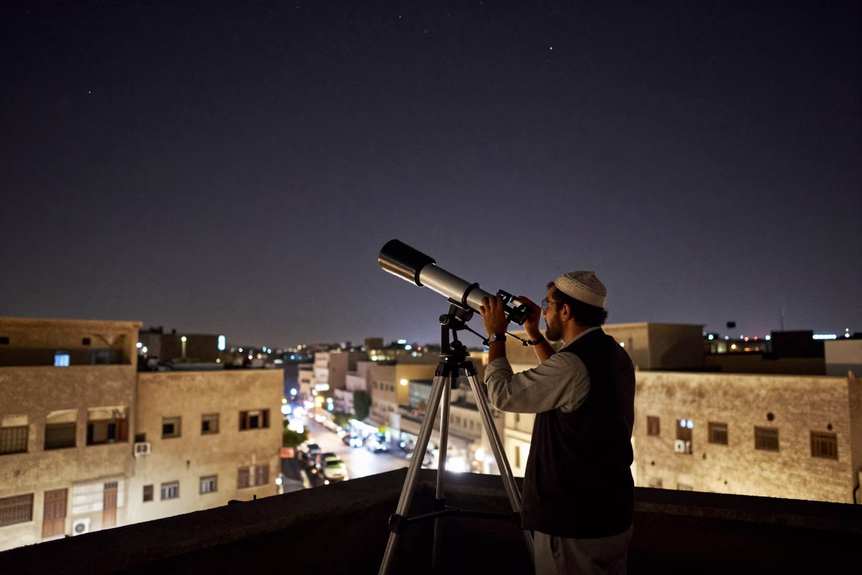 Cairo Egypt night street scene with astronomer calibrating telescope under deep night sky in in Cairo, Egypt