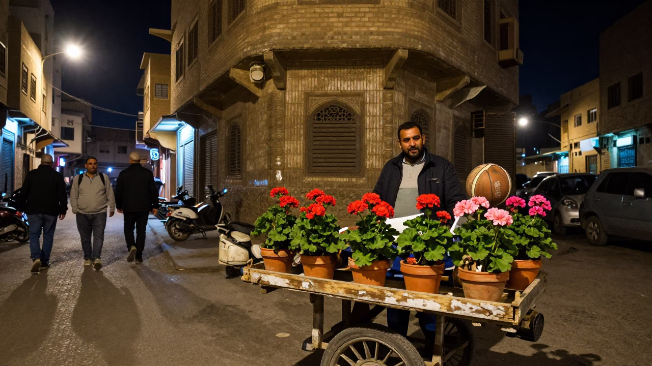 Cairo Egypt Night Street Scene with Geraniums and Vintage Basketball in in Cairo, Egypt