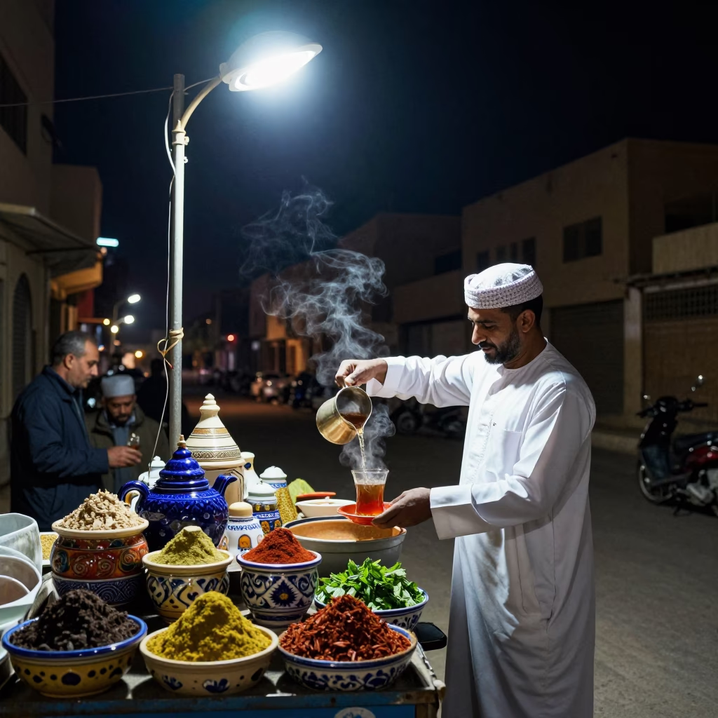 Cairo Egypt Night Street Scene with Glazed Ceramic and Spice Jar in in Cairo, Egypt