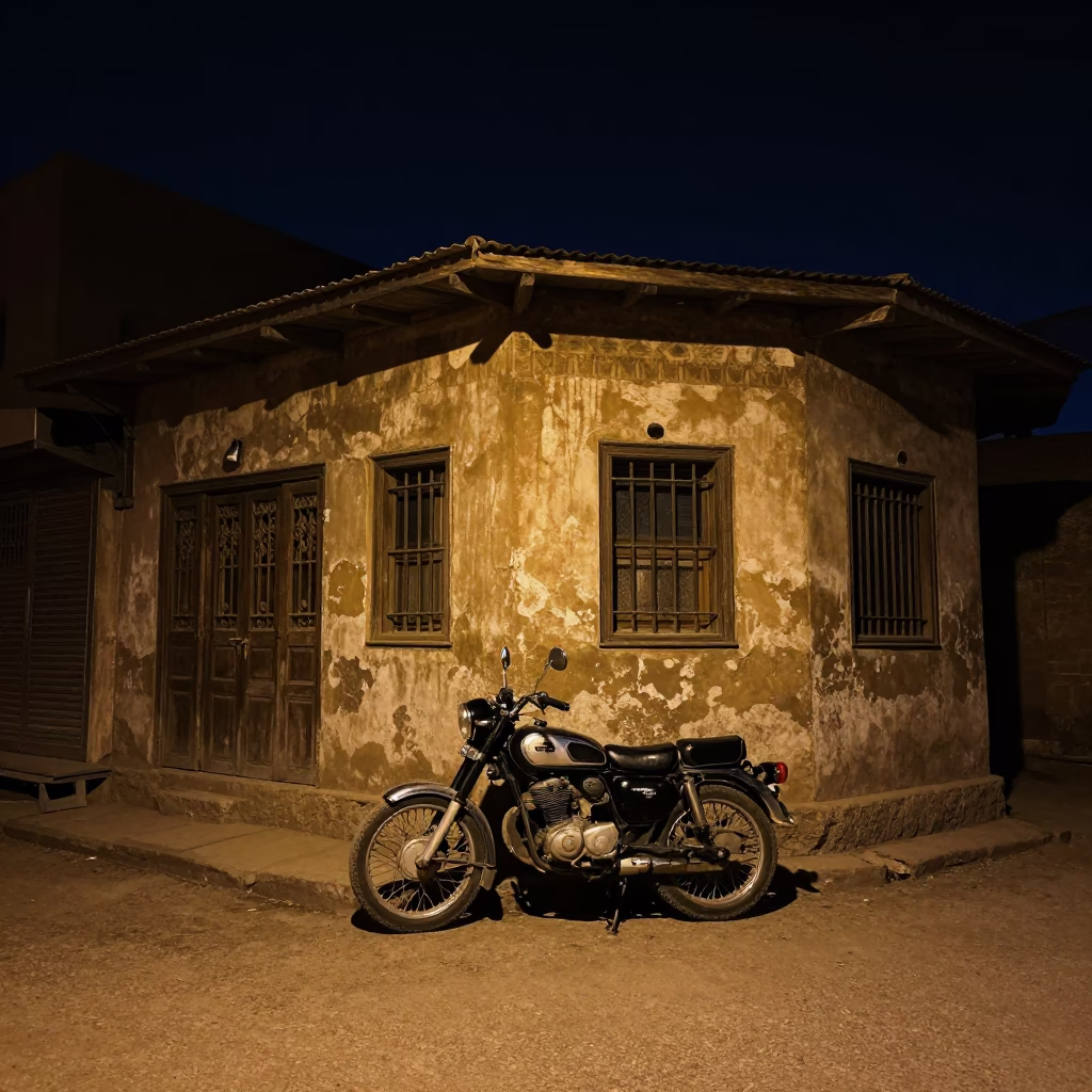 Cairo Egypt night street scene with vintage motorcycle and teahouse ambiance in in Cairo, Egypt