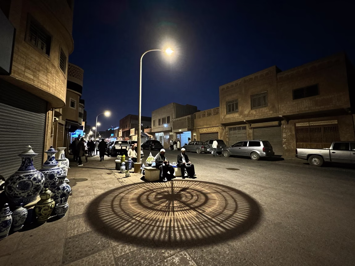 Cairo Egypt Night Street Scene with Wicker Shadow and Porcelain Jars in in Cairo, Egypt