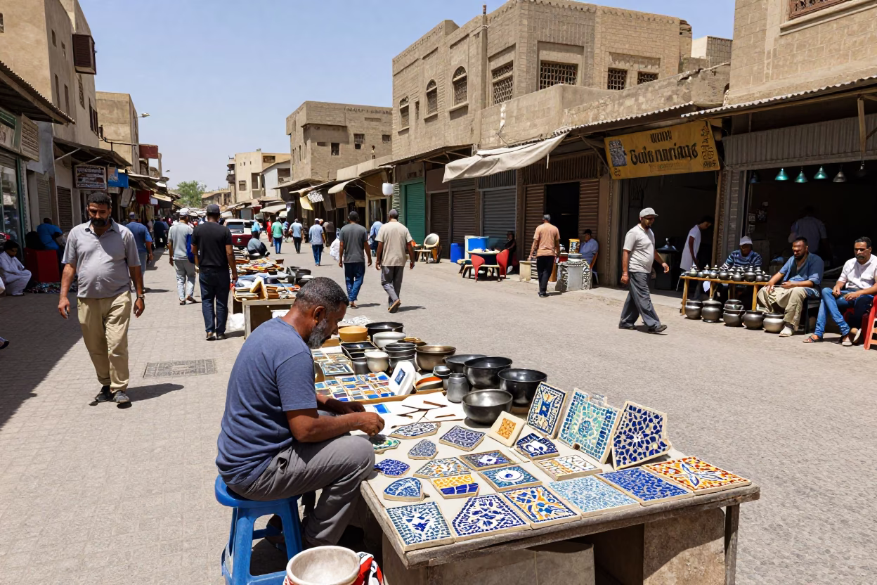 Cairo Egypt Noon Street Market Mosaic Tiles and Cooking Pots in in Cairo, Egypt