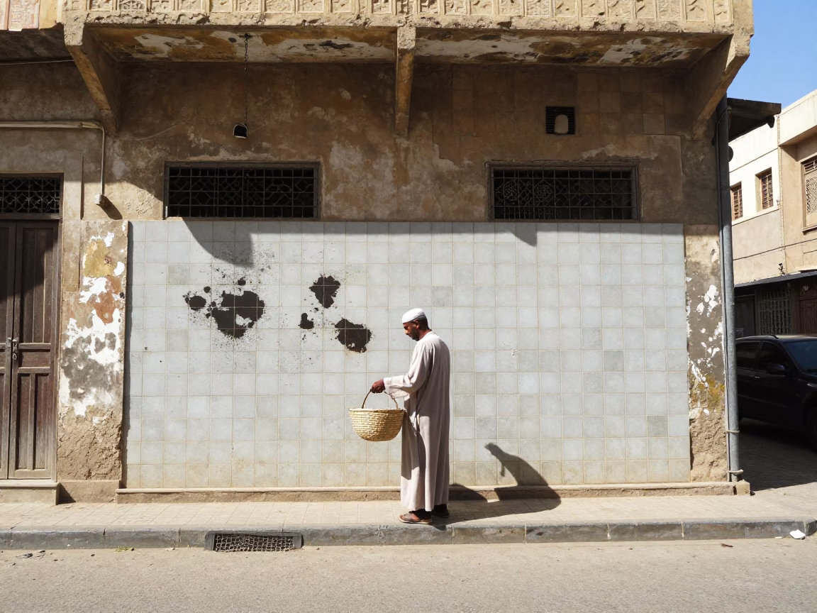 Cairo Egypt Noon Street Scene with Basket and Tile Smudges in in Cairo, Egypt
