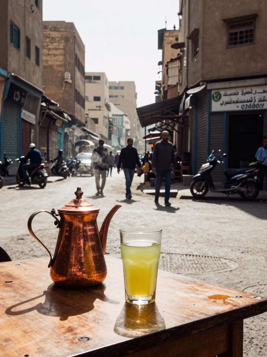 Cairo Egypt Noon Street Scene with Copper Coffee Pot and Sugarcane Juice in in Cairo, Egypt