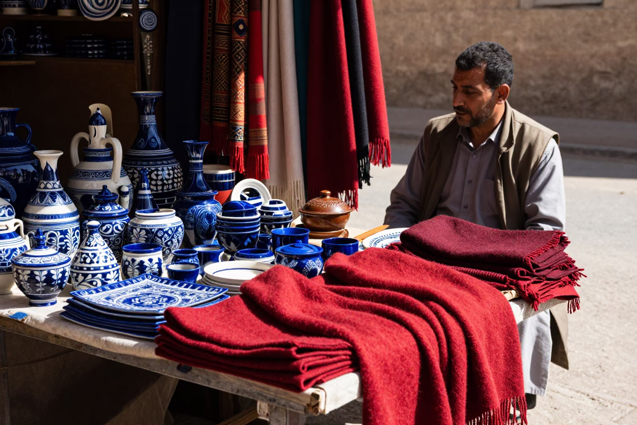Cairo Egypt Noon Street Scene with Glazed Ceramic and Wool Scarves in in Cairo, Egypt
