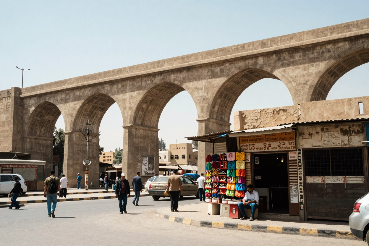 Cairo Egypt Noon Street Scene with Railway Viaduct Arches and Local Commerce in in Cairo, Egypt