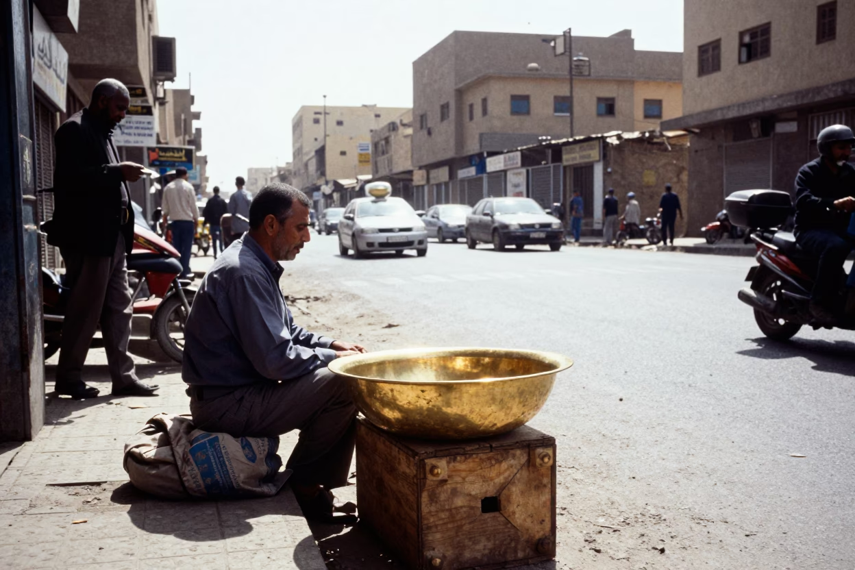 Cairo Egypt Noon Sunlight Street Scene with Brass Basin and Coffee Cupper in in Cairo, Egypt