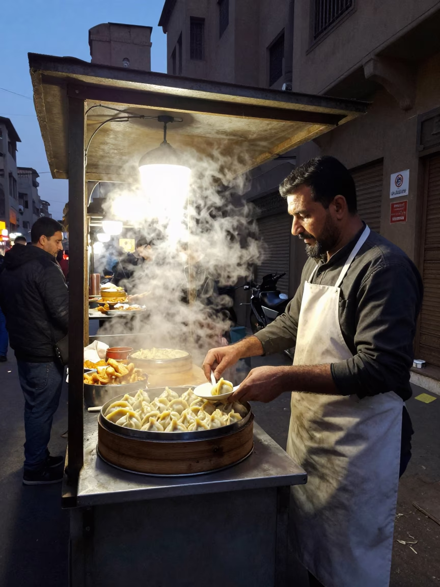 Cairo Egypt Pre-Dawn Street Food Stall with Steam and Local Patrons in in Cairo, Egypt