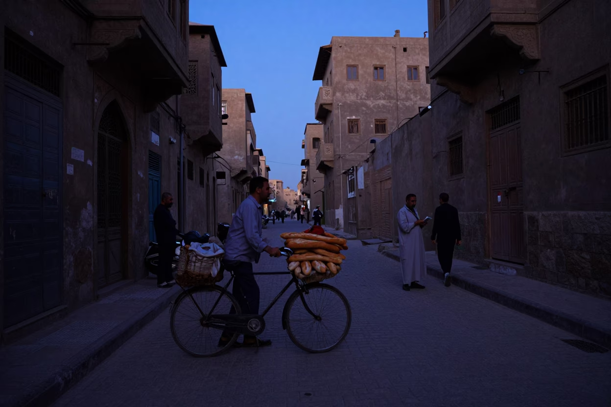 Cairo Egypt Pre-Dawn Street Scene with Bicycle and Local Interaction in in Cairo, Egypt
