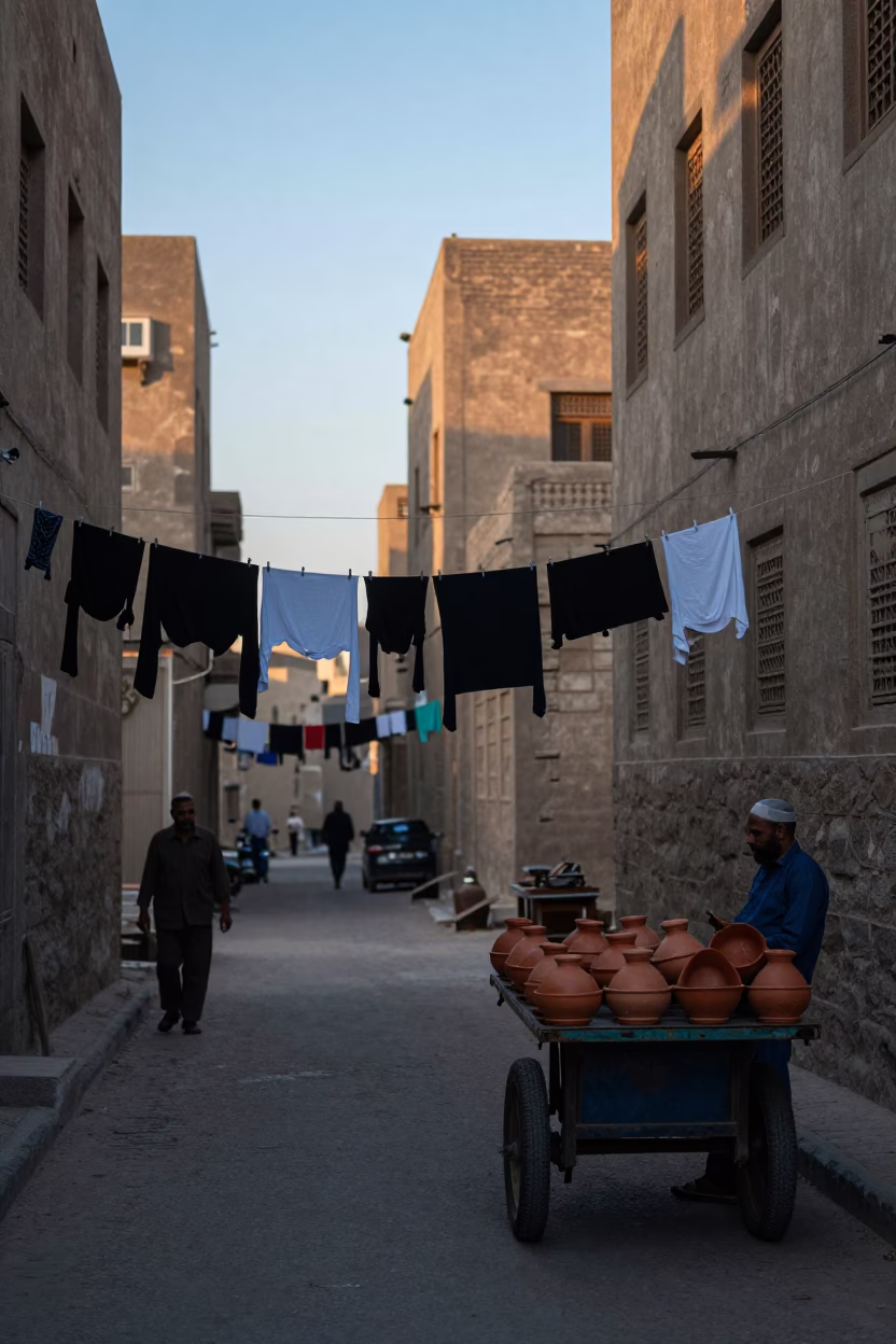 Cairo Egypt Pre-Dawn Street Scene with Clothesline and Terracotta Bowls Before Sunrise in in Cairo, Egypt