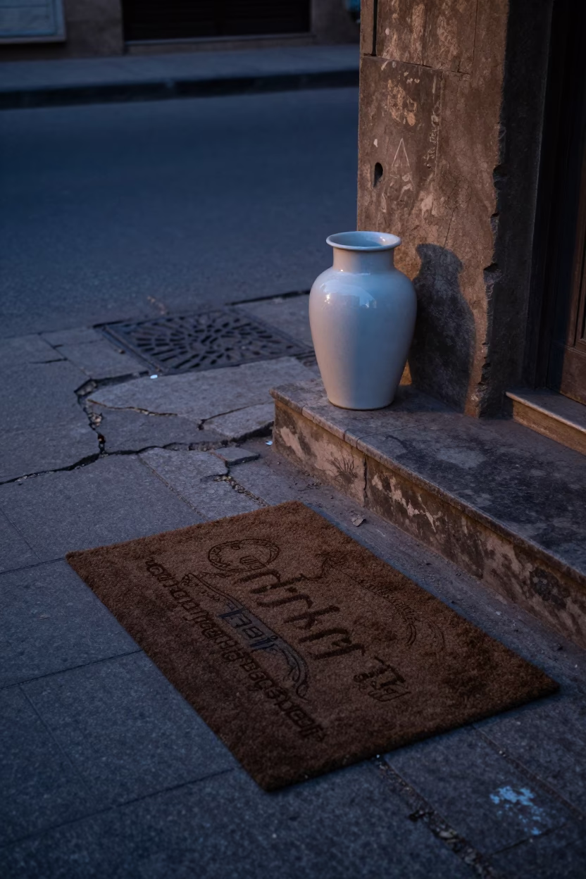 Cairo Egypt Pre-Dawn Street Scene with Doormat and Porcelain Jar in in Cairo, Egypt